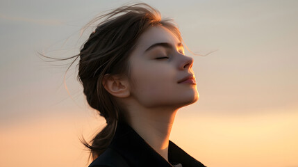 Young woman looking up at the sky at sunset - Powered by Adobe