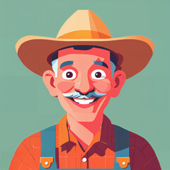 "Sunny Farmer's Sunflower Serenade" features a cartoonish farmer surrounded by vibrant sunflowers, exuding cheer with his friendly , plaid shirt, overalls, large hat, and beaming smile; 