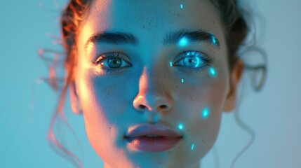 Futuristic artificial intelligence. Woman face in red blue azure colors. Human and artificial intelligence interaction concept. Mental world. Psychology and Technology. Generative ai