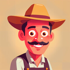 "Sunny Farmer's Sunflower Serenade" features a cartoonish farmer surrounded by vibrant sunflowers, exuding cheer with his friendly , plaid shirt, overalls, large hat, and beaming smile; 