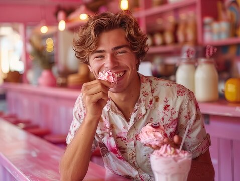 A happy young man, wearing a shirt, is smiling while tasting condensed milk yogurt ice
