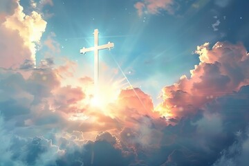 Celestial Cross Spiritual Concept Illustration of Illuminated Cross in Cloudy Sky, Divine Presence and Power - obrazy, fototapety, plakaty