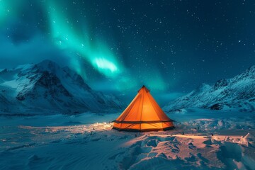 A solitary tent in a snowy landscape under the northern lights