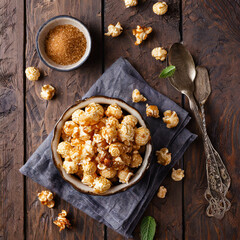 caramelized sweet popcorn served in vintage enameled bowl with brown sugar and textile napkin over dark wooden background