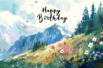 postcard happy birthday watercolor - obrazy, fototapety, plakaty