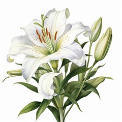 Watercolor lily clipart with elegant white petals and green stems, isolated on white background - obrazy, fototapety, plakaty