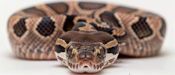 Obraz premium A serpent's close-up, mouth agape, eyes wide on white