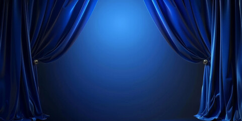 Blue stage curtains. Empty theater stage with blue curtains. Spotlight showtime, copy space, banner