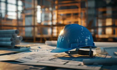 Fotobehang construction helmet above the blue blueprint © AhmadTriwahyuutomo