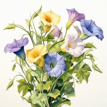 Watercolor morning glory clipart with trumpet-shaped flowers in various colors
