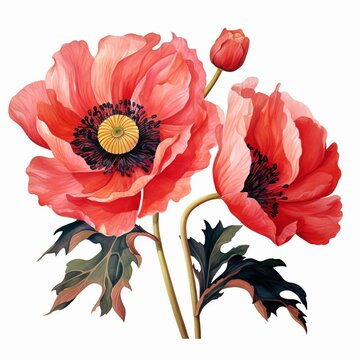 Watercolor poppy clipart with vibrant red petals and black centers, isolated on white background