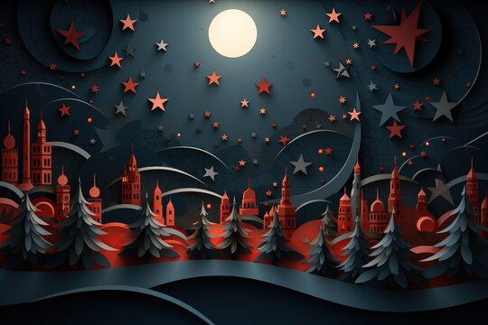 Papercut Starry Night Over Whimsical Cityscape. 