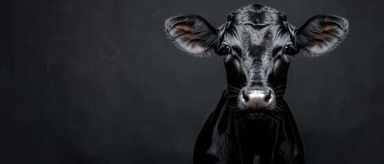  A tight shot of a jet-black bovine's visage against a black backdrop, featuring a pure white bullseye in the foreground - obrazy, fototapety, plakaty