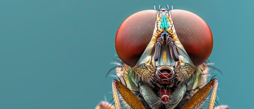  A closeup of a fruit fly's head against a blue sky is the description