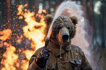 A firefighter with a bear head extinguishing a fire. - obrazy, fototapety, plakaty