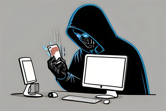 hackers stealing data of innocent people through computer, concept image, cartoon illustration style,  cyber crime