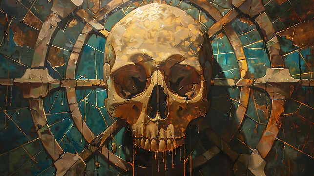 oil painting logo of skull on background of an ancient stained glass window. Generative Ai