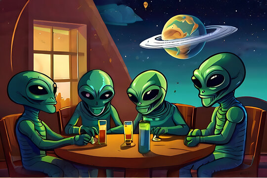 The aliens doing party while watching the earth getting destroyed from the space, concept image, cartoon illustration style,  alien Isolated