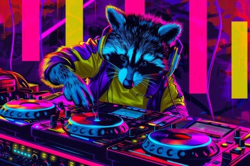 A vibrant, pop art-style illustration of a rad raccoon DJ mixing music in a colorful, neon-lit nightclub, digital art