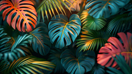 Fototapeta na wymiar Background illustration of tropical leaves. Background wallpaper. Generative AI
