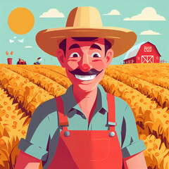 "Sunny Farmer's Sunflower Serenade" features a cartoonish farmer surrounded by vibrant sunflowers, exuding cheer with his friendly , plaid shirt, overalls, large hat, and beaming smile;