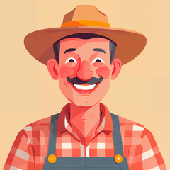 "Sunny Farmer's Sunflower Serenade" features a cartoonish farmer surrounded by vibrant sunflowers, exuding cheer with his friendly , plaid shirt, overalls, large hat, and beaming smile;