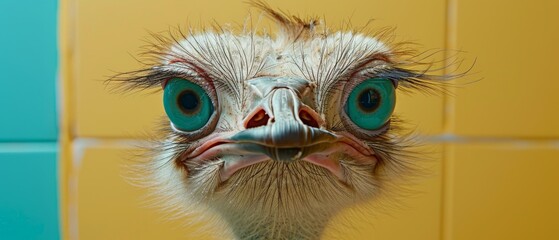  A macro shot of an ostrich head on a tiled background