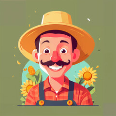 "Sunny Farmer's Sunflower Serenade" features a cartoonish farmer surrounded by vibrant sunflowers, exuding cheer with his friendly , plaid shirt, overalls, large hat, and beaming smile;