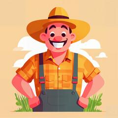 "Sunny Farmer's Sunflower Serenade" features a cartoonish farmer surrounded by vibrant sunflowers, exuding cheer with his friendly , plaid shirt, overalls, large hat, and beaming smile;
