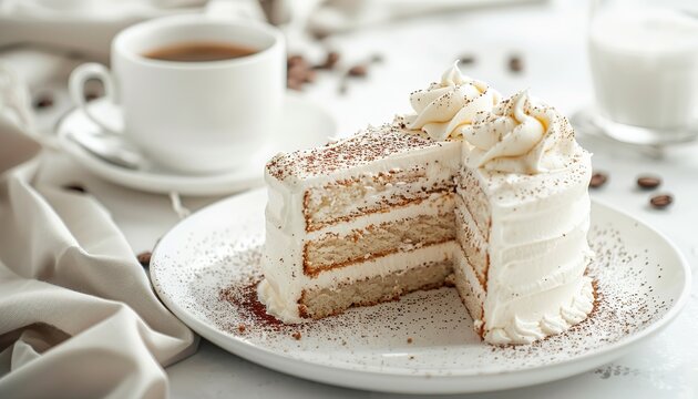 commercial photo of an American cake with three milks on a plate with chocolate, morning breakfast