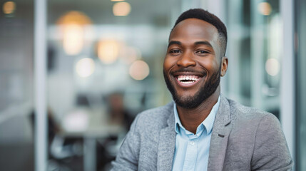 Obraz premium A smiling man engaging in a conversation with a colleague in a bright corporate office setting.