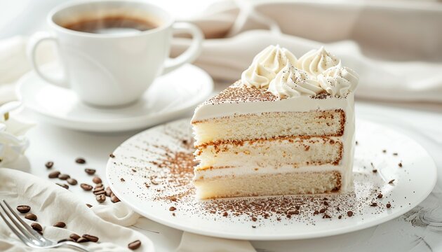 commercial photo of an American cake with three milks on a plate with chocolate, morning breakfast