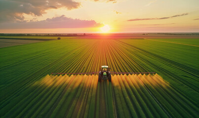 Tractor spraying pesticides on a green plantation at sunset, aerial view, drone view.