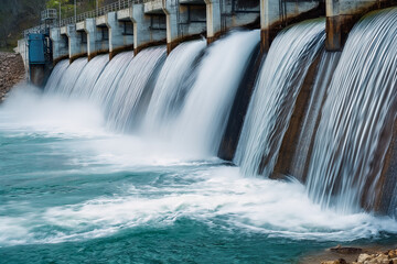 Water falling from a hydroelectric dam. Long exposure effect of falling water. Hydroelectricity. Hydropower.