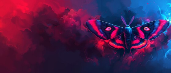  A painting of a butterfly with red and blue wings on a red and blue background