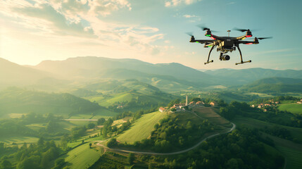 A drone flying over a picturesque landscape, equipped with advanced cameras for surveying and data collection - obrazy, fototapety, plakaty