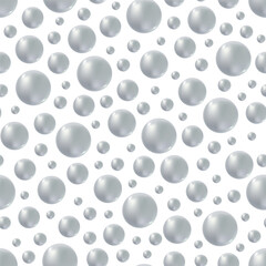 Seamless pattern of realistic transparent water drops or soap bubbles with color reflection. Vector background for abstract design, 3D balls, balloons, rain on glass, circles illustration.