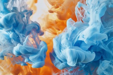Blue and orange liquid ink churning together, realistic texture 3D illustration