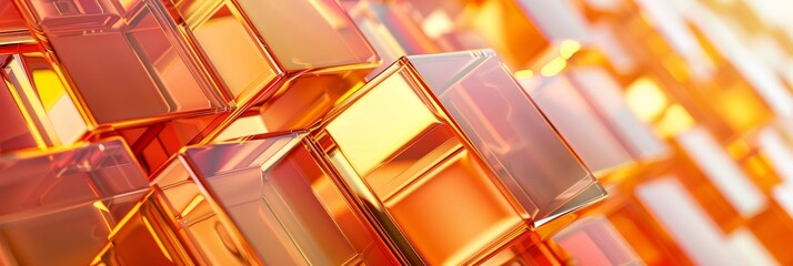 Abstract render of colorful glass geometric shapes with reflective surfaces. Vibrant and reflective glass contrast against geometric shapes, creating an abstract and futuristic atmosphere. 