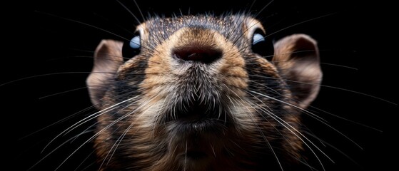  A macro image captures the squirrel's facial features, including its alert gaze and ever-so-slightly parted nostrils - obrazy, fototapety, plakaty
