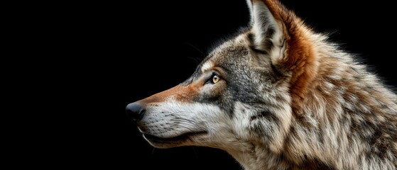Naklejka na ściany i meble a wolf's face, isolated against black background, focusing on head and upper face region