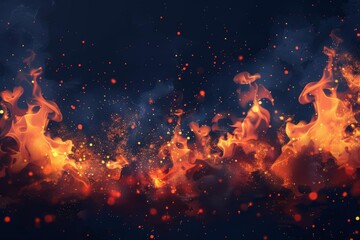 Burning Fires with Flames and Sparks, Transparent Background, Digital Painting