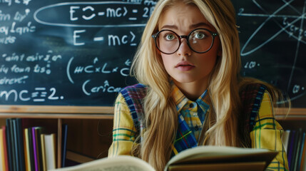 A concerned student stands in front of a chalkboard filled with complex equations.