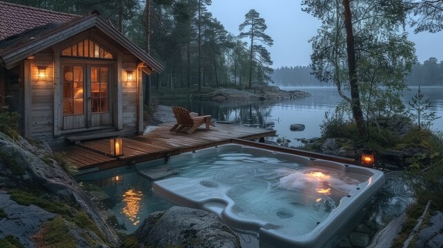 An exclusive outdoor spa with hot tubs, a natural shower, and sauna, located by a lake
