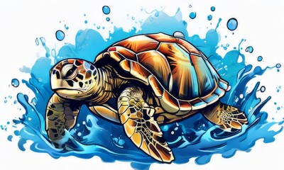 Turtle glides through its aquatic environment, showcasing beauty, tranquility of underwater world. For Tshirt design, posters, postcards, other merchandise with marine theme, childrens books, tourism.