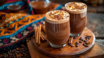 Mexican Champurrado Glasses. Corn Chocolate Hot Drink with Cinnamon. Traditional Festive Dessert Beverage. Dia de muertos, Cinco de Mayo. AI Generated