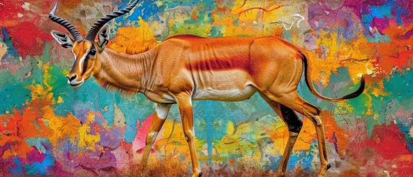  A painting depicts an antelope standing before a multicolored sky and cloud background