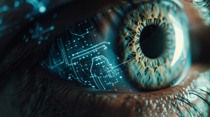 Close-up of a human eye with futuristic digital overlay, concept of modern technology and biometrics.