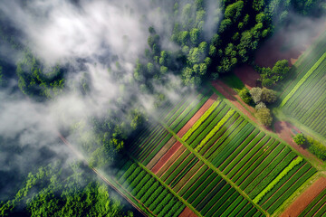 Aerial view directly above farmland in the countryside in summer. Drone view of agricultural fields.