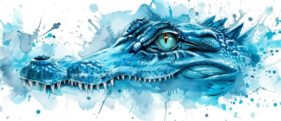  Watercolor painting of a blue alligator with an eye in its head - obrazy, fototapety, plakaty